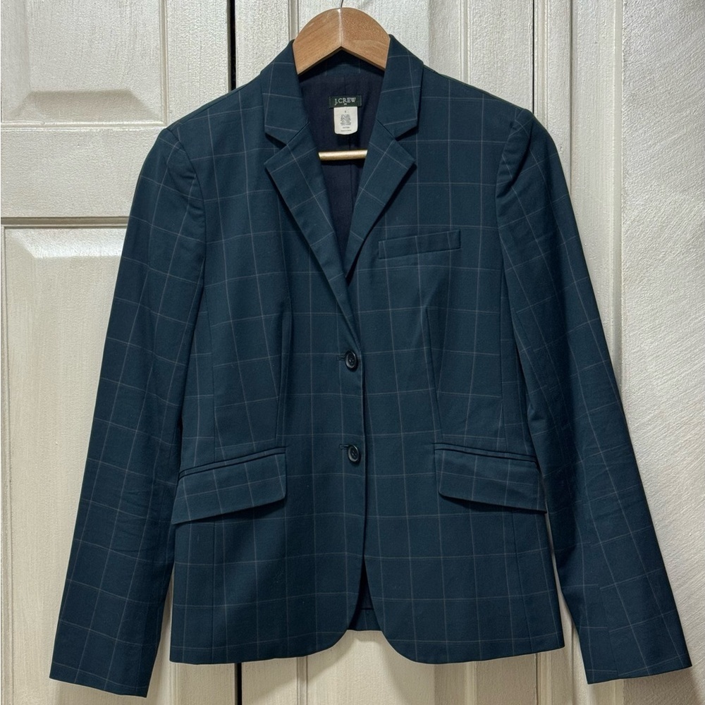 VTG J.Crew Size 2 Dark Teal Windowpane Plaid Pattern Two Buttons Stretchy Blazer
